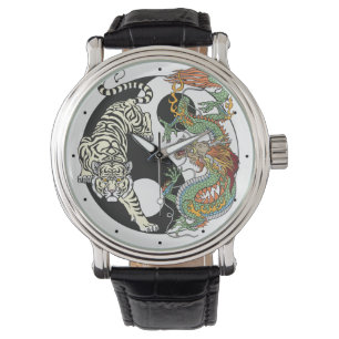 Weißer Tiger gegen grüner Drache im Yin Yang wa Armbanduhr