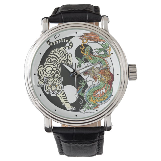Weißer Tiger gegen grüner Drache im Yin Yang wa Armbanduhr (Vorderseite)