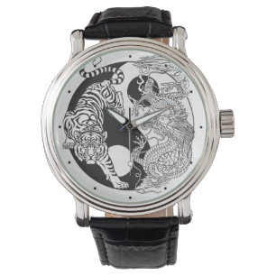 Weißer Tiger gegen grüner Drache im Yin Yang wa Armbanduhr