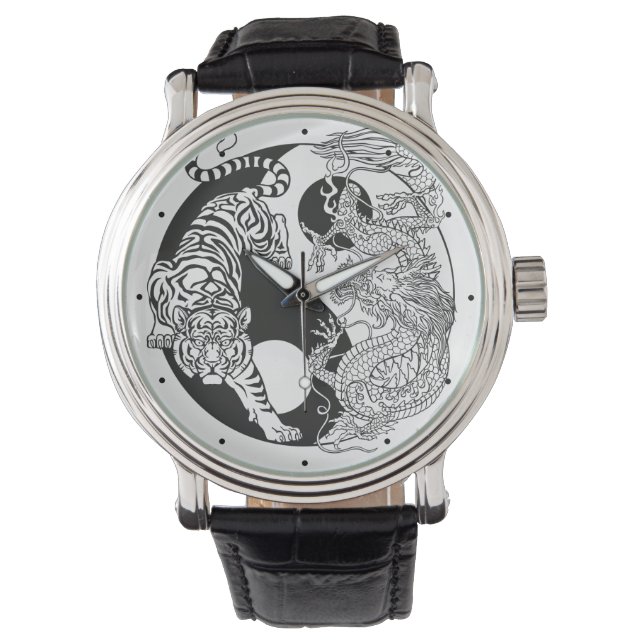 Weißer Tiger gegen grüner Drache im Yin Yang wa Armbanduhr (Vorderseite)