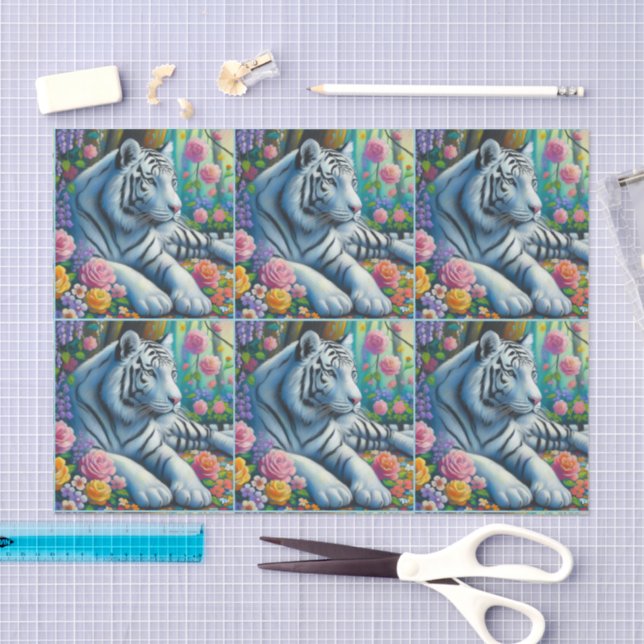 Weißer Tiger im Wald mit Blume Decoupage Seidenpapier (Handwerk)