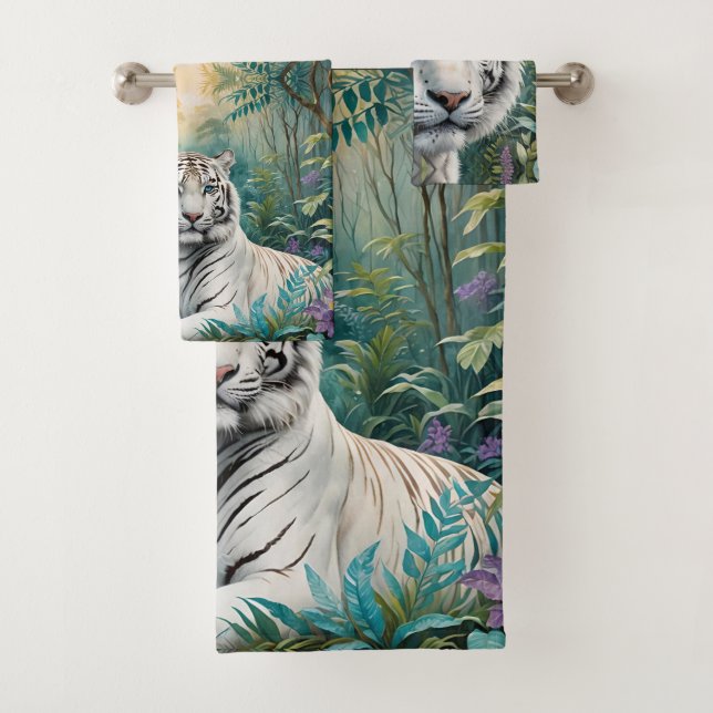 Weißer Tiger in einem blauen grünen Dschungel Badhandtuch Set (Insitu)