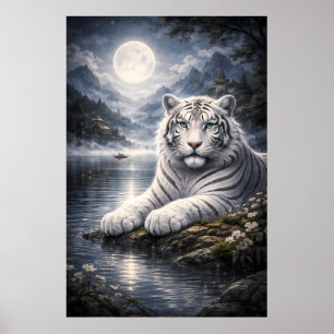 Weißer Tiger in mondbeschienener Berglandschaft am Poster