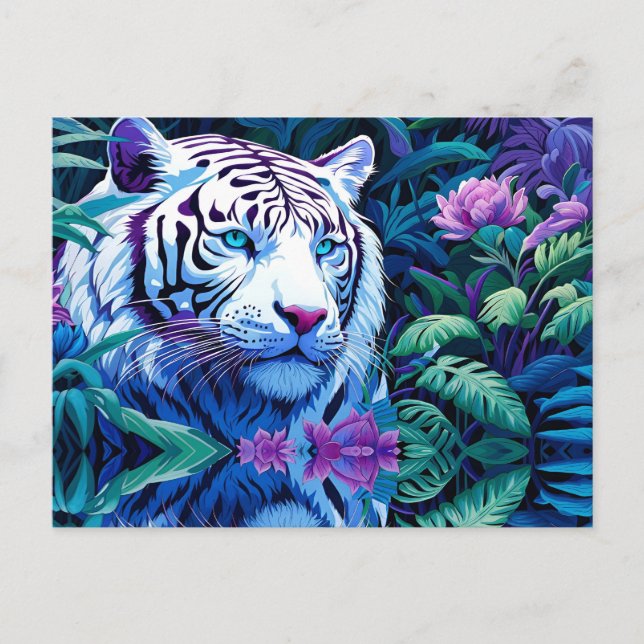 Weißer Tiger in violetten Blumen Postkarte (Vorderseite)