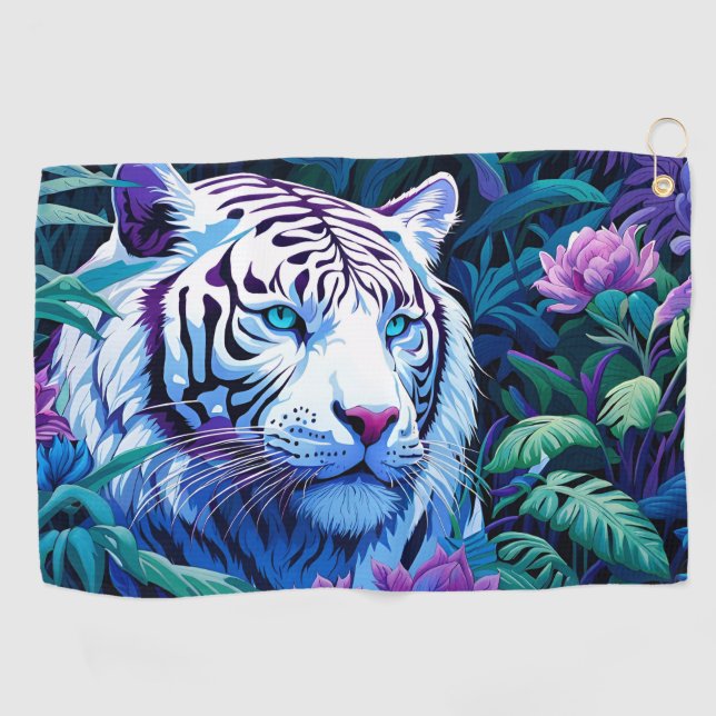 Weißer Tiger in violetten Blumen Reflexion Golfhandtuch (Horizontal)