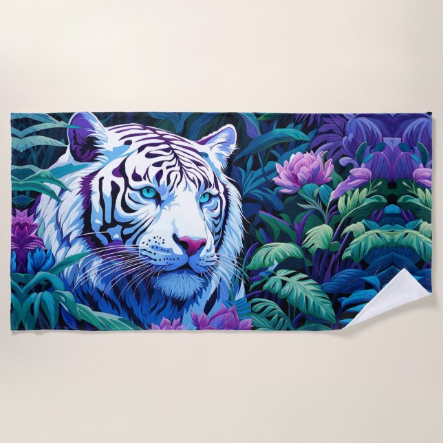 Weißer Tiger in violetten Blumen Strandtuch (Vorderseite)