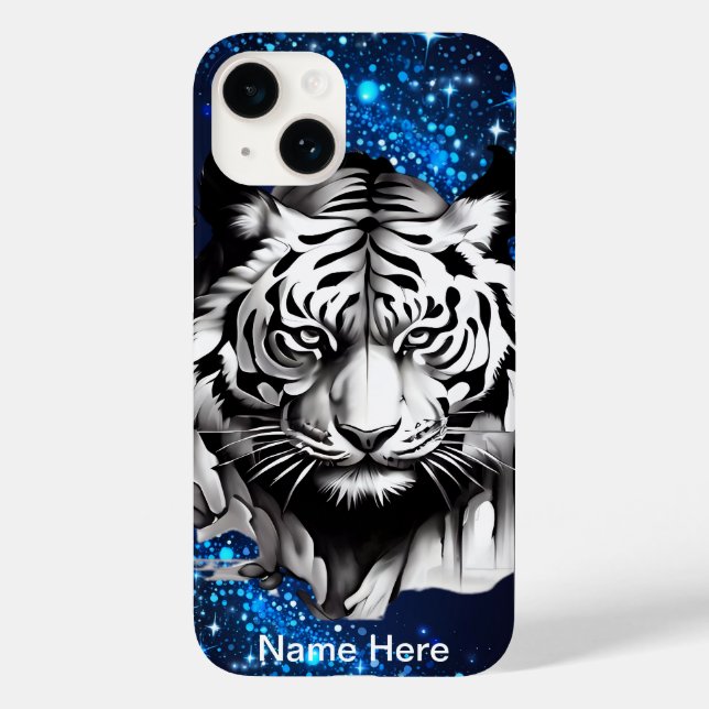 Weißer Tiger mit blauen Glitzern Case-Mate iPhone 14 Hülle (Rückseite)