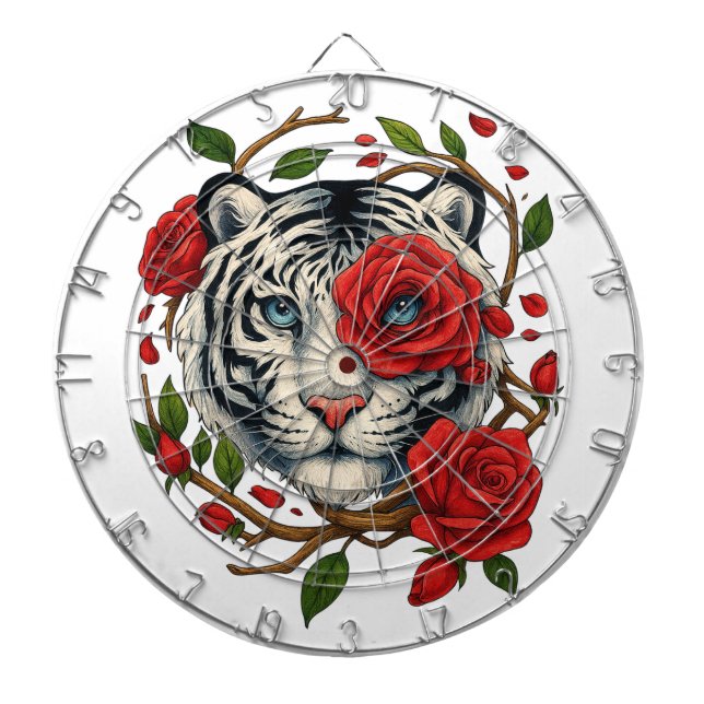 Weißer Tiger mit Rote Rosen - Fettflora Dartscheibe (vorne)