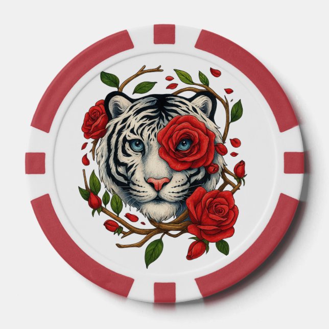 Weißer Tiger mit Rote Rosen - Fettflora Pokerchips (Vorderseite)