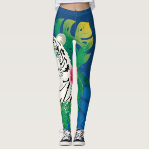 Weißer Tiger mit tropischen Blätter Leggings