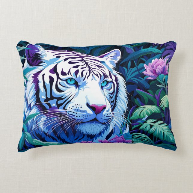Weißer Tiger mit violetten Blumen Pillowcase Dekokissen (Vorderseite)
