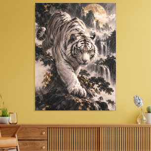 Weißer Tiger mit Vollmond und schneebedeckten Berg Leinwanddruck