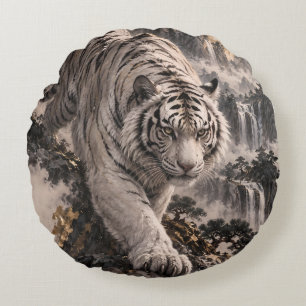 Weißer Tiger mit Vollmond und schneebedeckten Berg Rundes Kissen