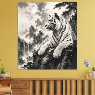 Weißer Tiger ruht auf Klippe Traditionelle Tinte Leinwanddruck
