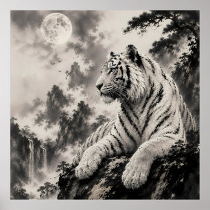 Weißer Tiger ruht auf Klippe Traditionelle Tinte Poster
