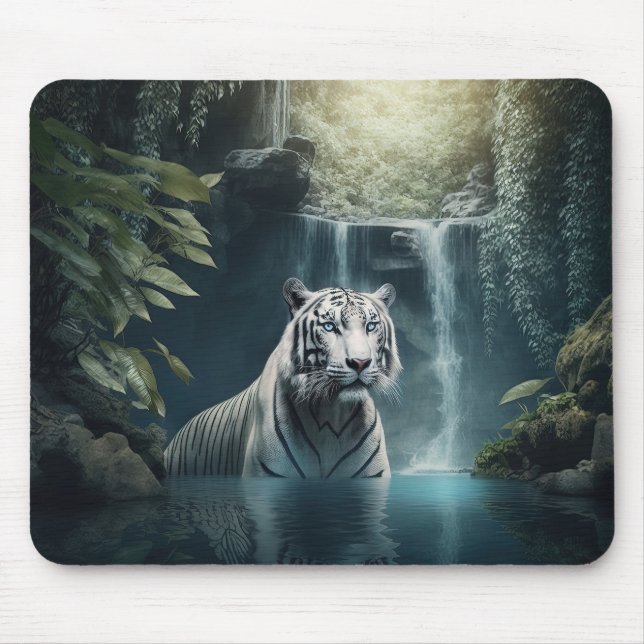 "Weißer Tiger und Wasserfälle" Mousepad (Vorne)