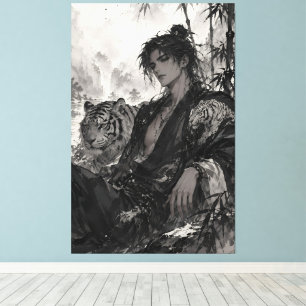 Weißer Tiger Wuxia Krieger ruht im Bambuswald Leinwanddruck