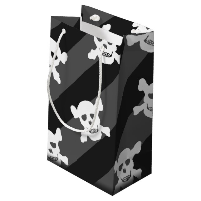 Weißer Totenkopf mit gekreuzter Knochen auf Kleine Geschenktüte (Rückseite Schrägansicht)