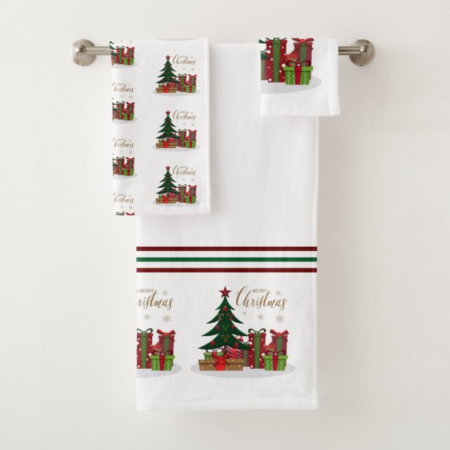 Weißer traditioneller Merry-Weihnachtsbaum Badhandtuch Set (Insitu)