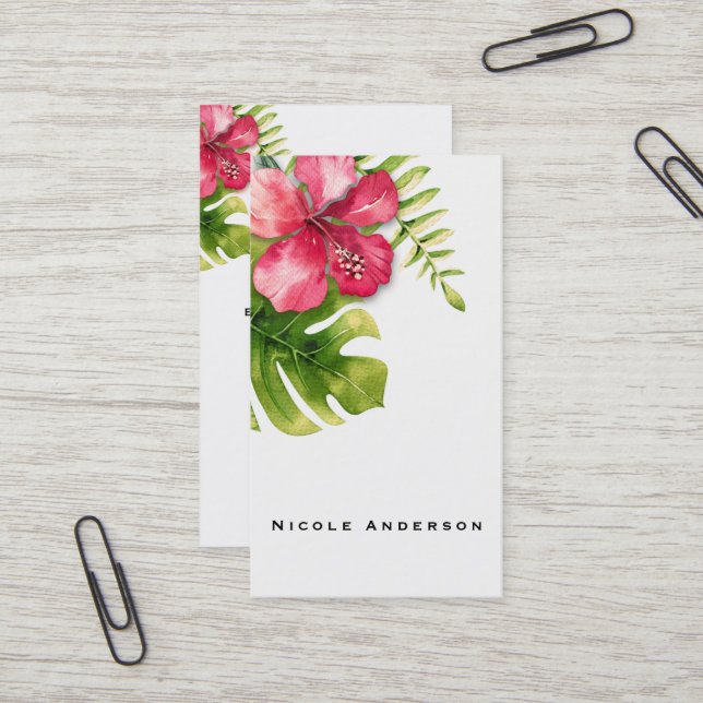 Weißer tropischer Hibiskus Blätter Chic Elegante B Visitenkarte (Vorderseite/Rückseite Beispiel)