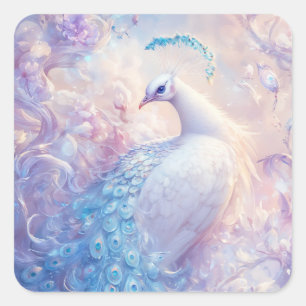 Weißer und blauer Pfau im ätherischen Fantasygarte Quadratischer Aufkleber