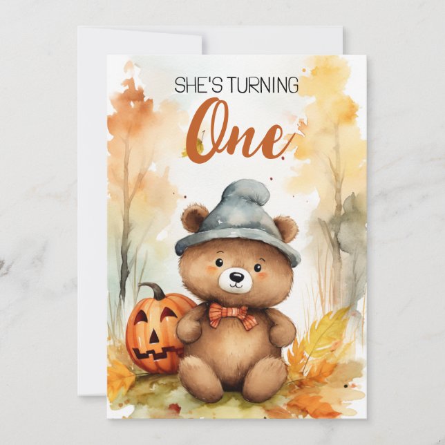 Weißer und brauner Herbstbär 1. Geburtstag Einladung (Vorderseite)