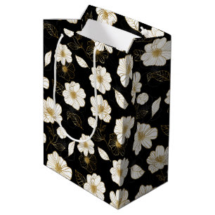 Weißer und goldener Blumenaufdruck auf Schwarz Mittlere Geschenktüte