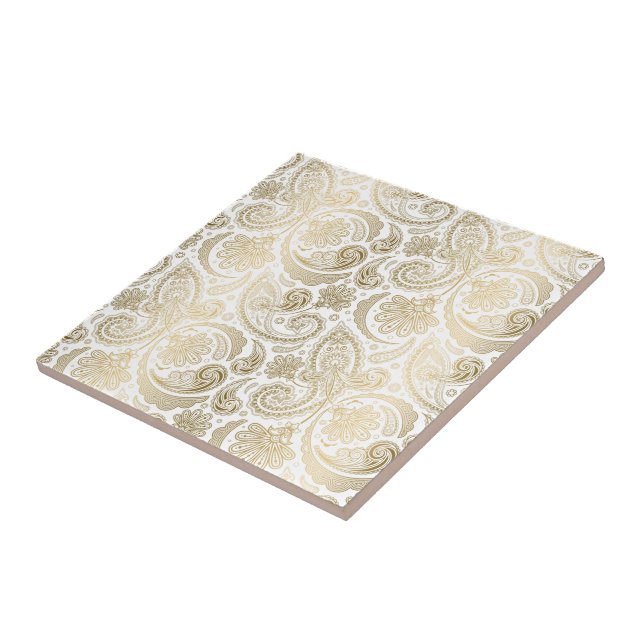 Weißer und goldener Blumenstrauß Paisley 2 Fliese (Seite)