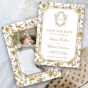 Weißer und goldener Chinoiserie-Wappen-Foto-Hochze Save The Date
