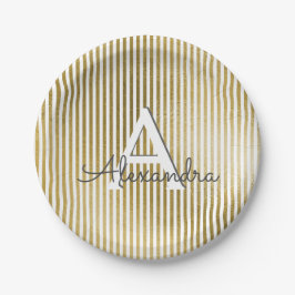Weißer und goldener Streifen Monogramm Geburtstag Pappteller