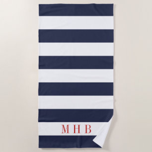 Weißer und Mitternachtsblauer Streifen und Rotes M Strandtuch