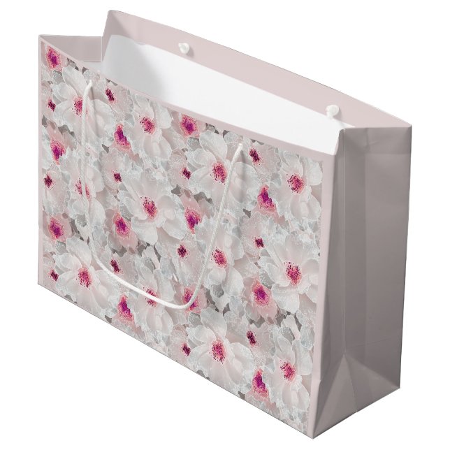 Weißer und rosafarbener Blumen Große Geschenktüte (Vorderseite Schrägansicht)