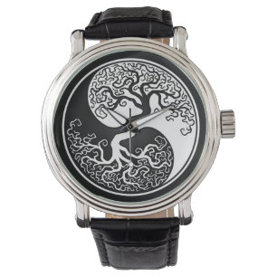 Weißer und schwarzer Baum des Lebens Yin Yang Armbanduhr