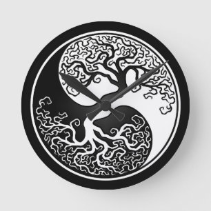 Weißer und schwarzer Baum des Lebens Yin Yang Runde Wanduhr