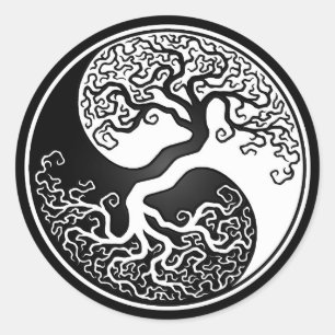 Weißer und schwarzer Baum des Lebens Yin Yang Runder Aufkleber