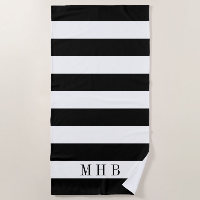 Weißer und schwarzer Streifen und Monogramm Strandtuch (Vorderseite)