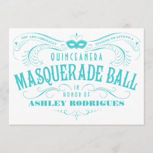 Weißer und türkisfarbener Quinceanera Masquerade Einladung