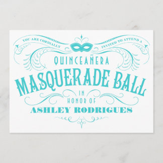 Weißer und türkisfarbener Quinceanera Masquerade Einladung