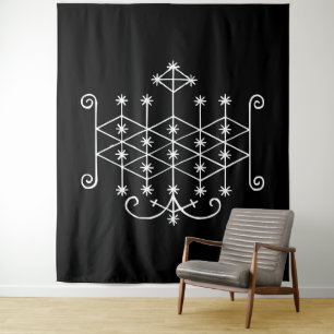 Weißer Veve von Ogoun auf Schwarz Wandteppich