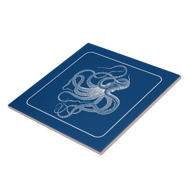 Weißer Vintage-nautischer Oktopus auf Navyblau Fliese (Seite)
