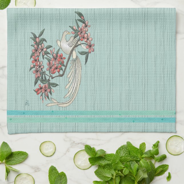 Weißer Vogel - Kirschblüten Aqua Geschirrtuch (Gefaltet)