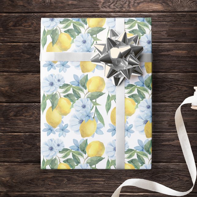 Weißer Wasserfarben Lemon und Blume Umschlagpapier Geschenkpapier (Watercolor Lemon & Blue Flower Gift Wrap for Baby Shower, Birthday or Main Squeeze Bridal Shower)
