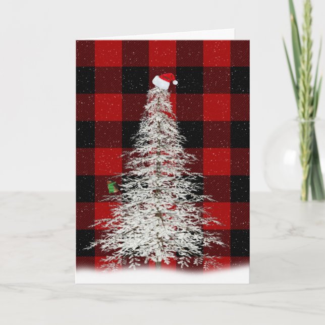 Weißer Weihnachtsbaum mit Hut und Vogel Karte (Vorderseite)