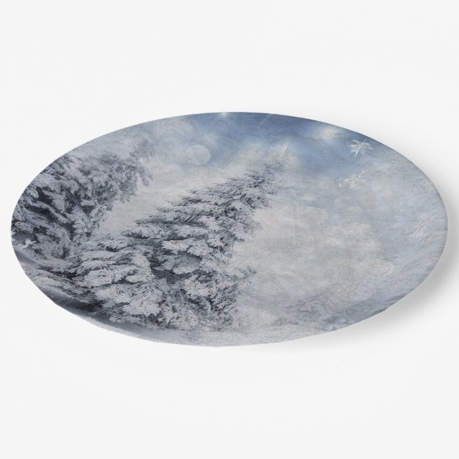 Weißer Weihnachtsbaum Pappteller (Schrägansicht)