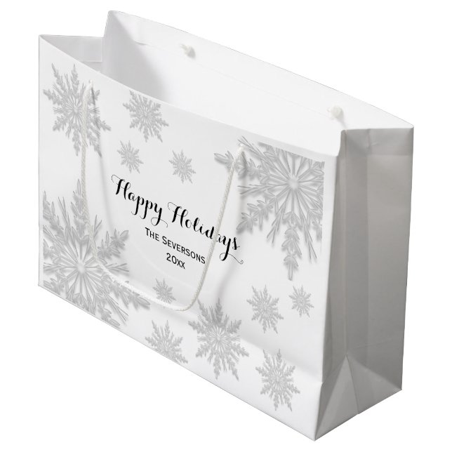 Weißer Winter Schneeflocken Happy Holidays Große Geschenktüte (Vorderseite Schrägansicht)