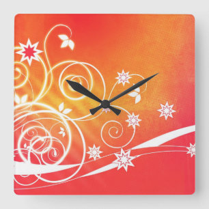 Weißer Wirbel und mit Blumen auf orange Quadratische Wanduhr