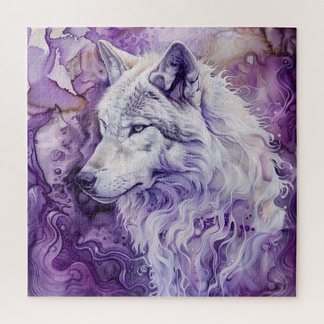 Weißer Wolf auf lila Abstrakt (Vertikal)