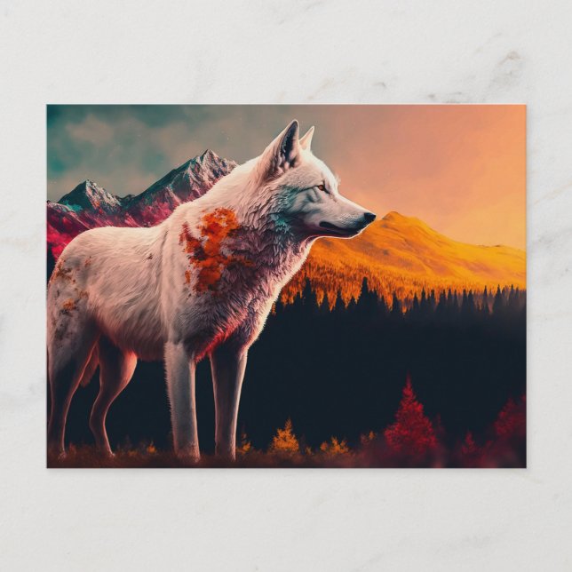 Weißer Wolf im Berg bei Sonnenaufgang Postkarte (Vorderseite)