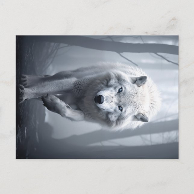 Weißer Wolf im Foggy Forest Postkarte (Vorderseite)