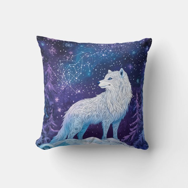 Weißer Wolf im Winter mit magischem Sternenhimmel Kissen (Vorderseite)